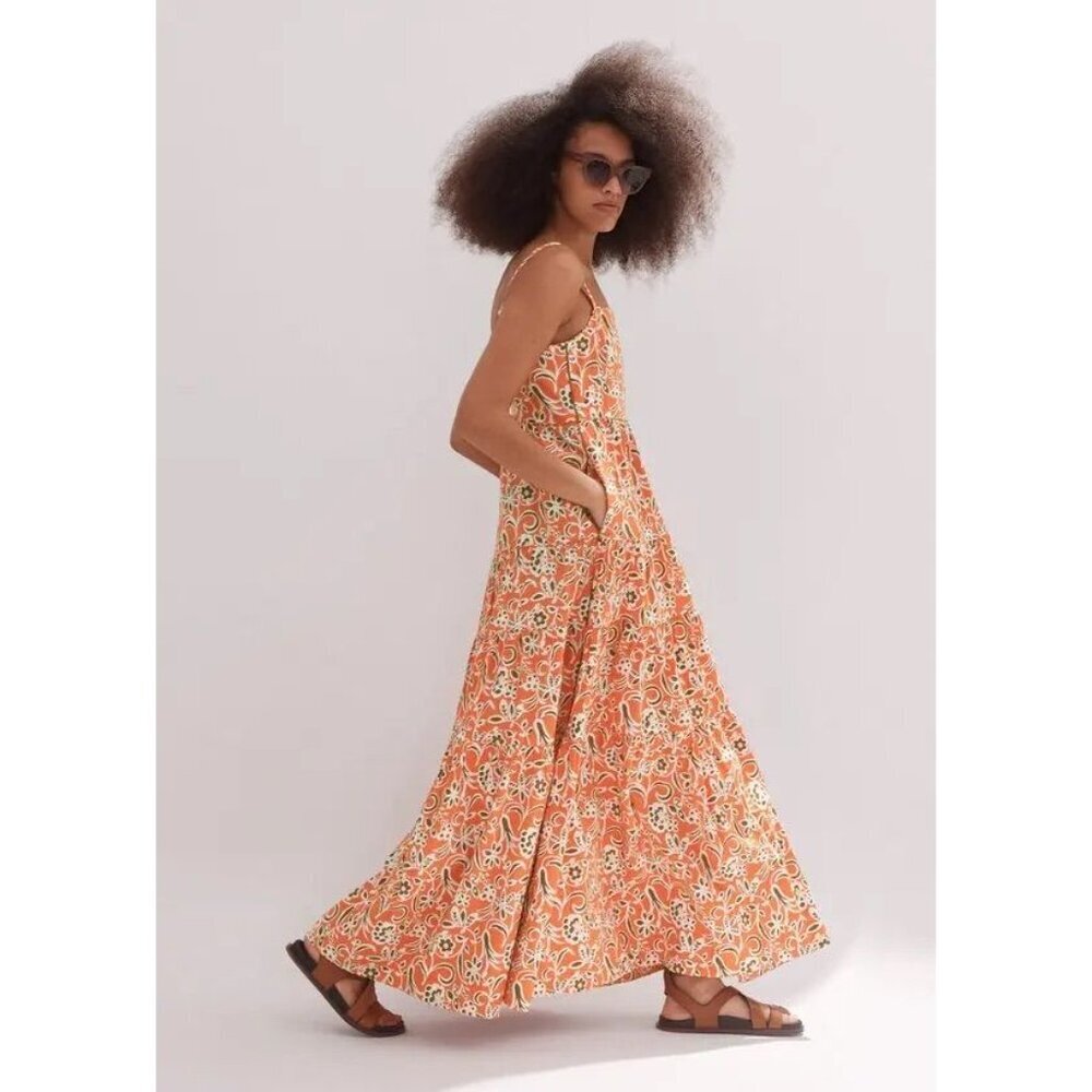 ME+EM Floral Tiered Maxi Dress 8 Orange Cream Cotton Sleeveless Resort Wear